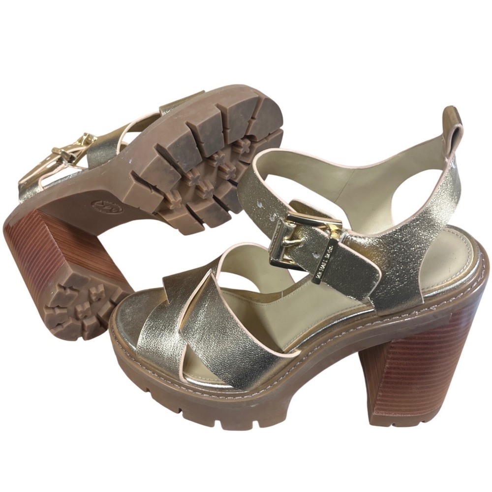 Michael Kors Women Gold Metallic Leather Lug Sole Platform Sandals SG24D Size 7M - Picture 4 of 6